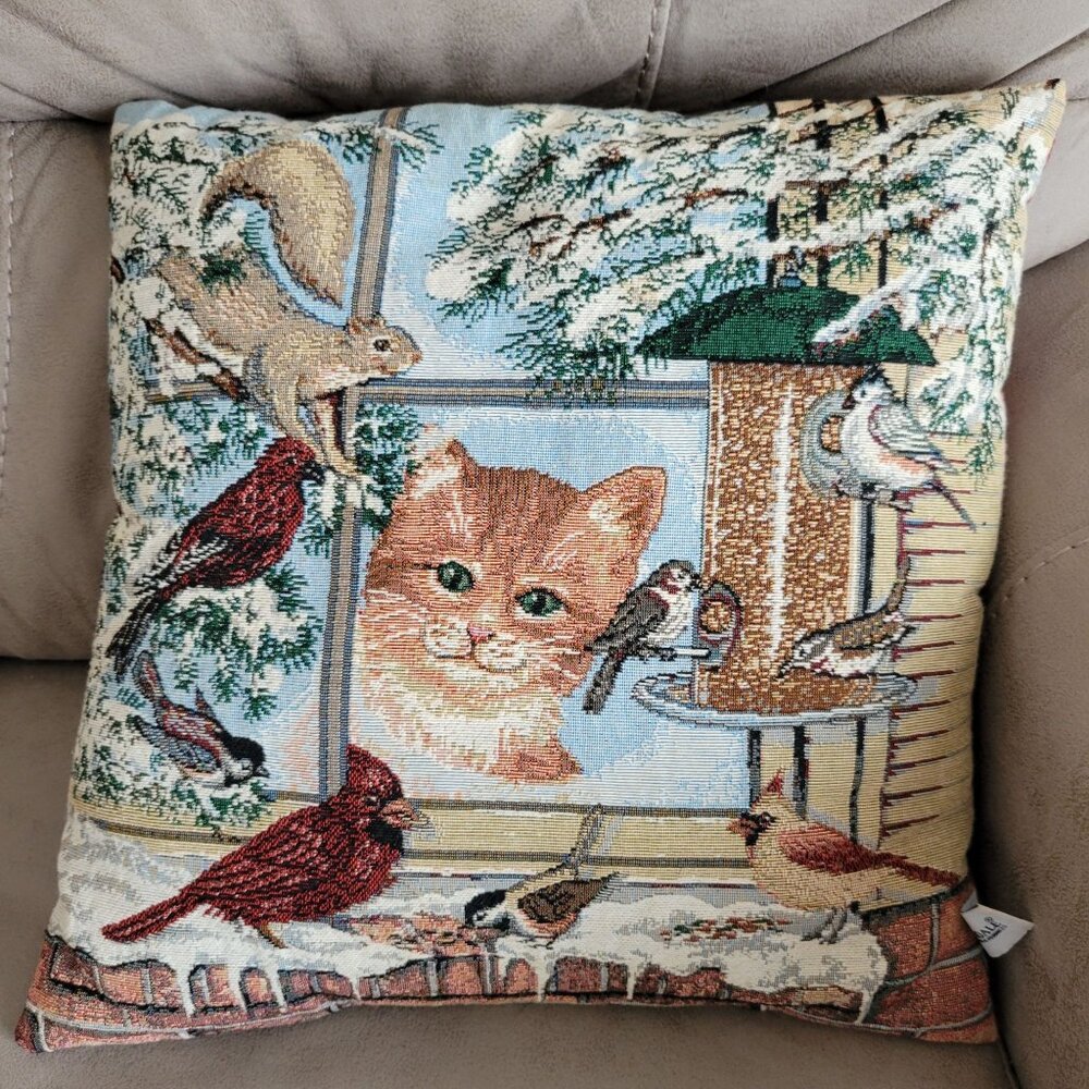 Decorative Riverdale Tapestry Pillow Cat & Birds Winter Scene 16x16 Inch